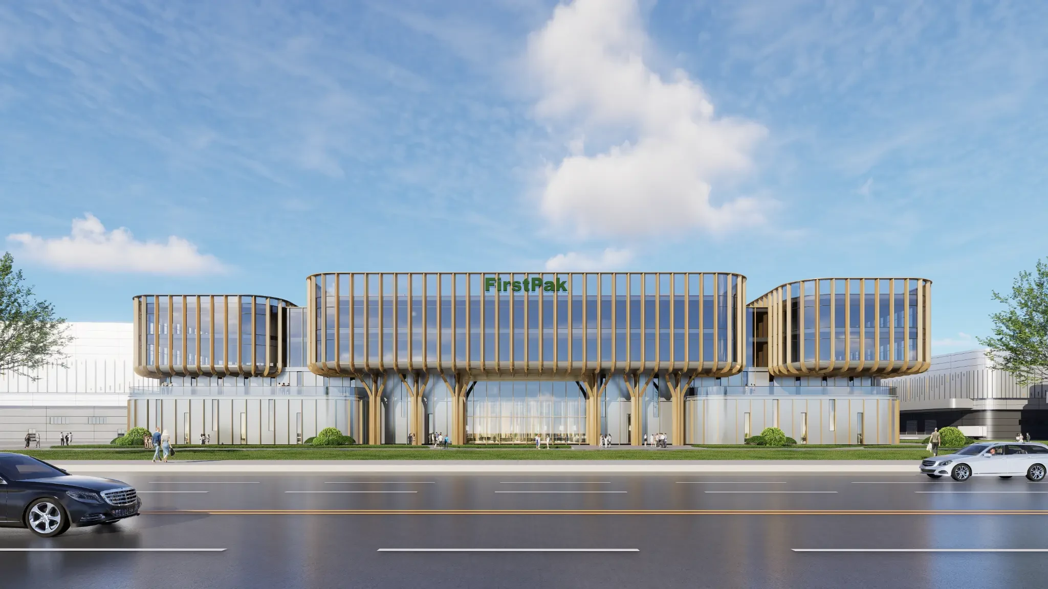 秸能生物总部正立面效果图，展示建筑全貌和原有 FirstPak 标识